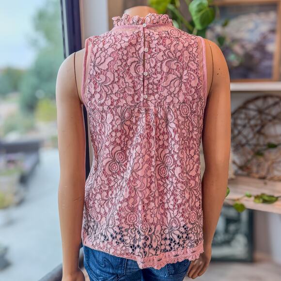 BluHeaven Pink Floral Embroidered Lace Sleeveless Top High Ruffled Neck, Small - Picture 6 of 10